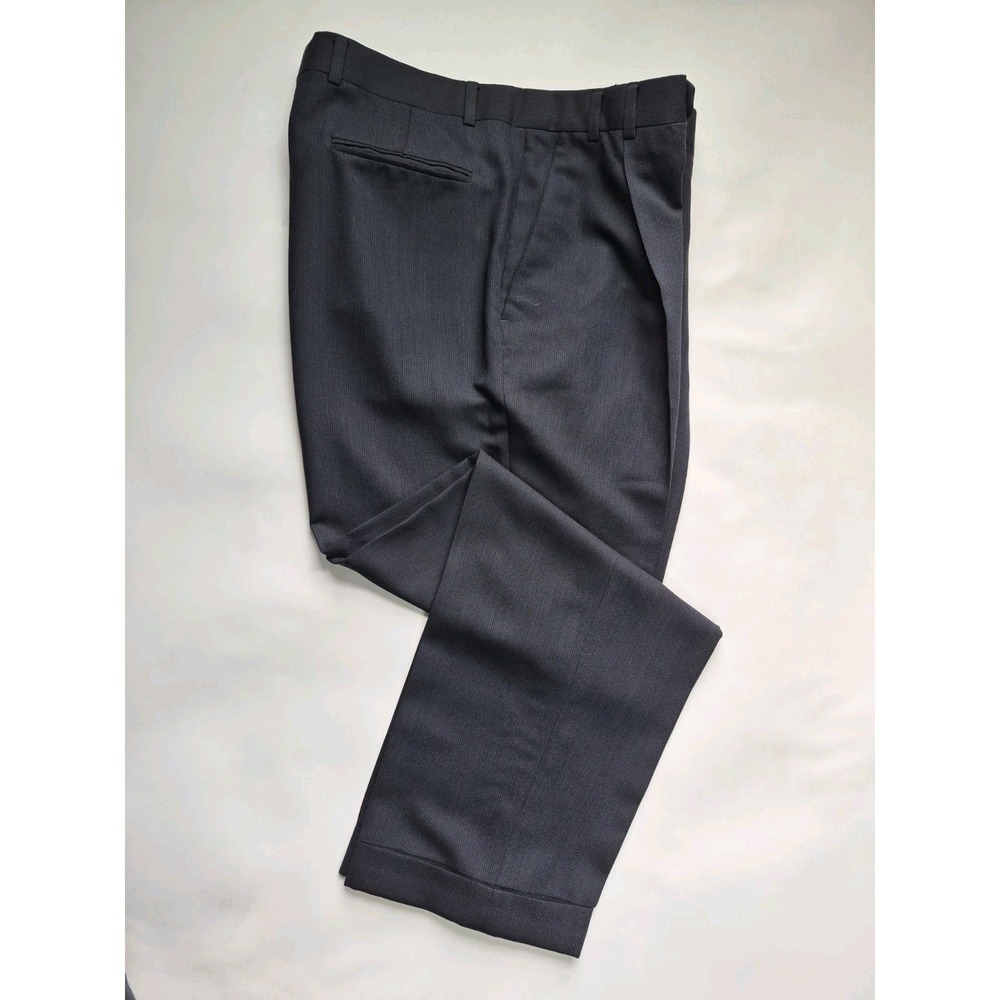 Bespoke Mens 35x30 Pleated Wool Dress Pants Black Blue Stripe Cuffed